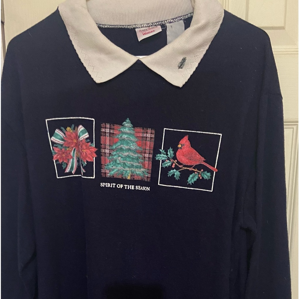 Bobbie Brooks Navy Blue Christmas Sweater Collar Embroidered Polo Size XL